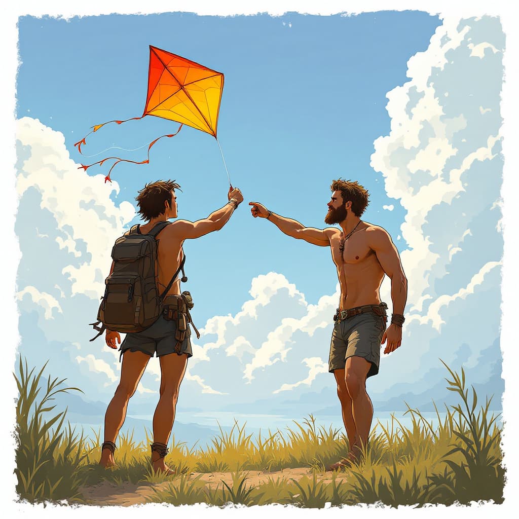 AI generated: Hero camp buddy Fly a kite with a friend, naked, big dick,  little pubic hair