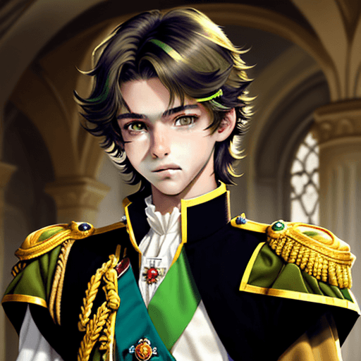 AI generated: young prince 18 year old prince with dark streaked hair and yellowish green eyes