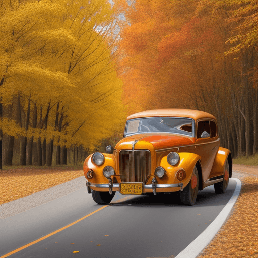 AI generated: fall colors on a curvy road with an old classic car