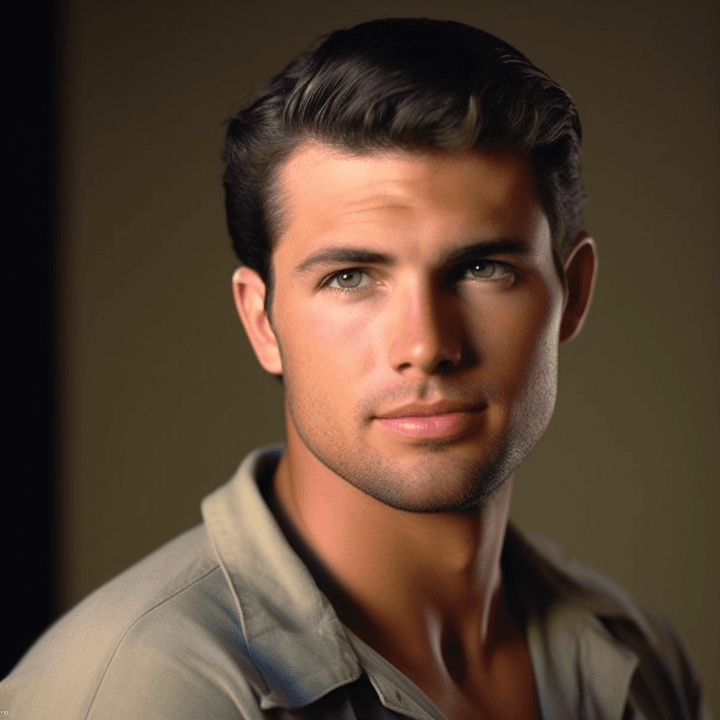 AI generated: hollywood, black wavy hair, muscular, standing, wearing a stetson, perfect eyes, perfect face, color...