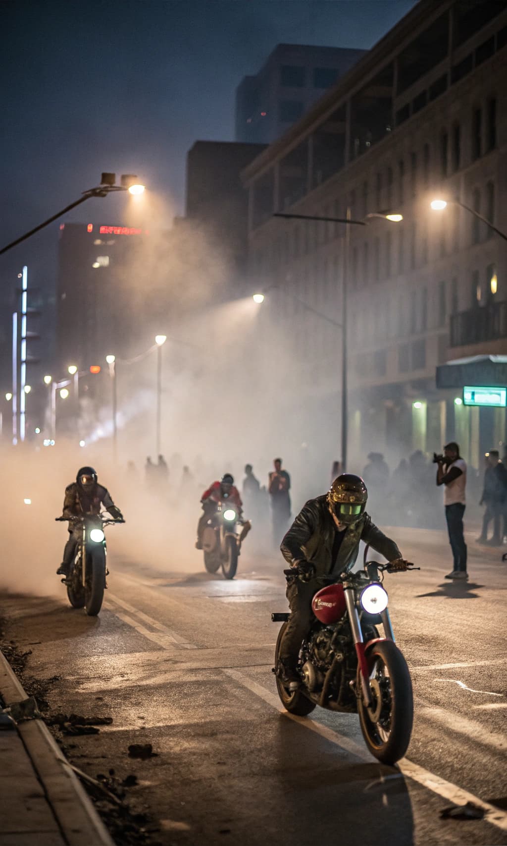 AI generated: CINEMATIC SHOT, AN INTENSE zombies MOTORCYCLE NIGHT
RACE, UNDER CITY spot LIGHTS, REBELLIOUS, DUSTY:...