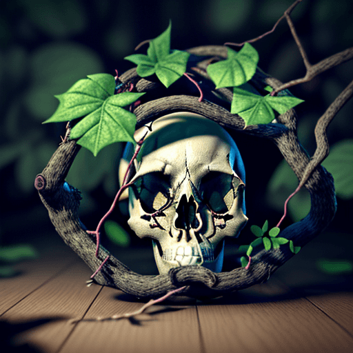 AI generated: real skull, on the floor of a mystical forest, small branches and leaves of a vine wrapping parts of...