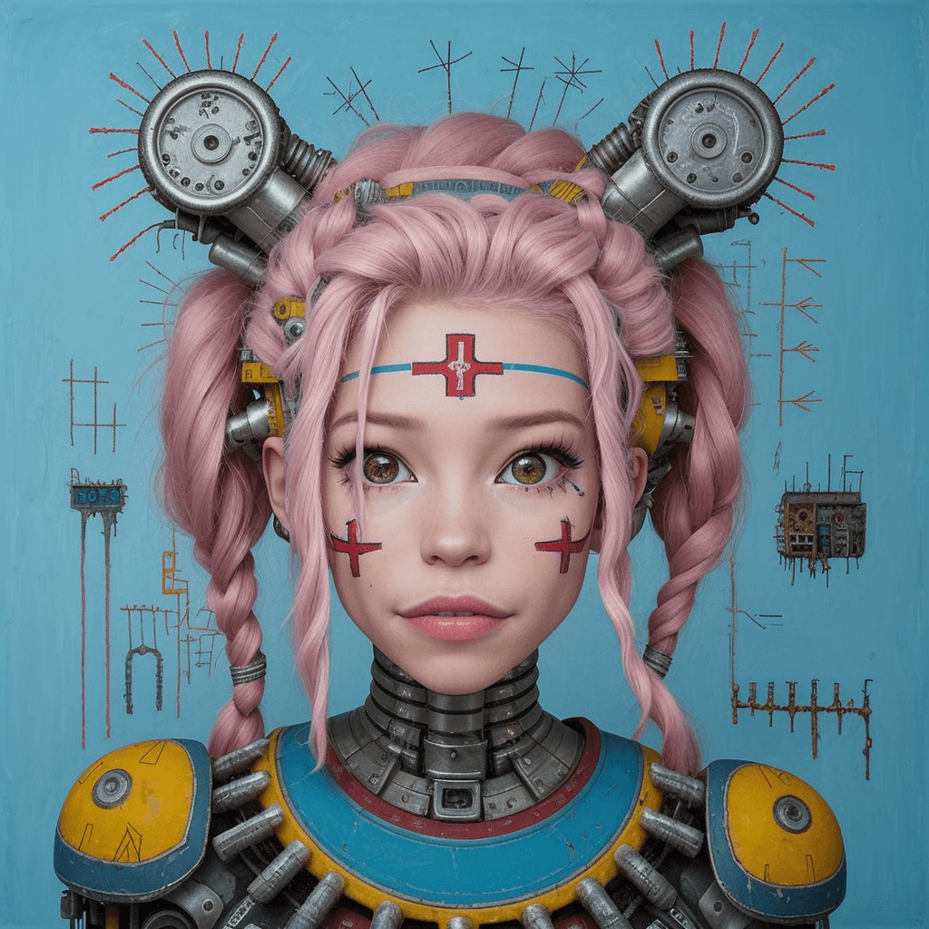 AI generated: by Jean Michel Basquiat,a cyborg girl, <lora:DI_belle_delphine_v1:0.8>