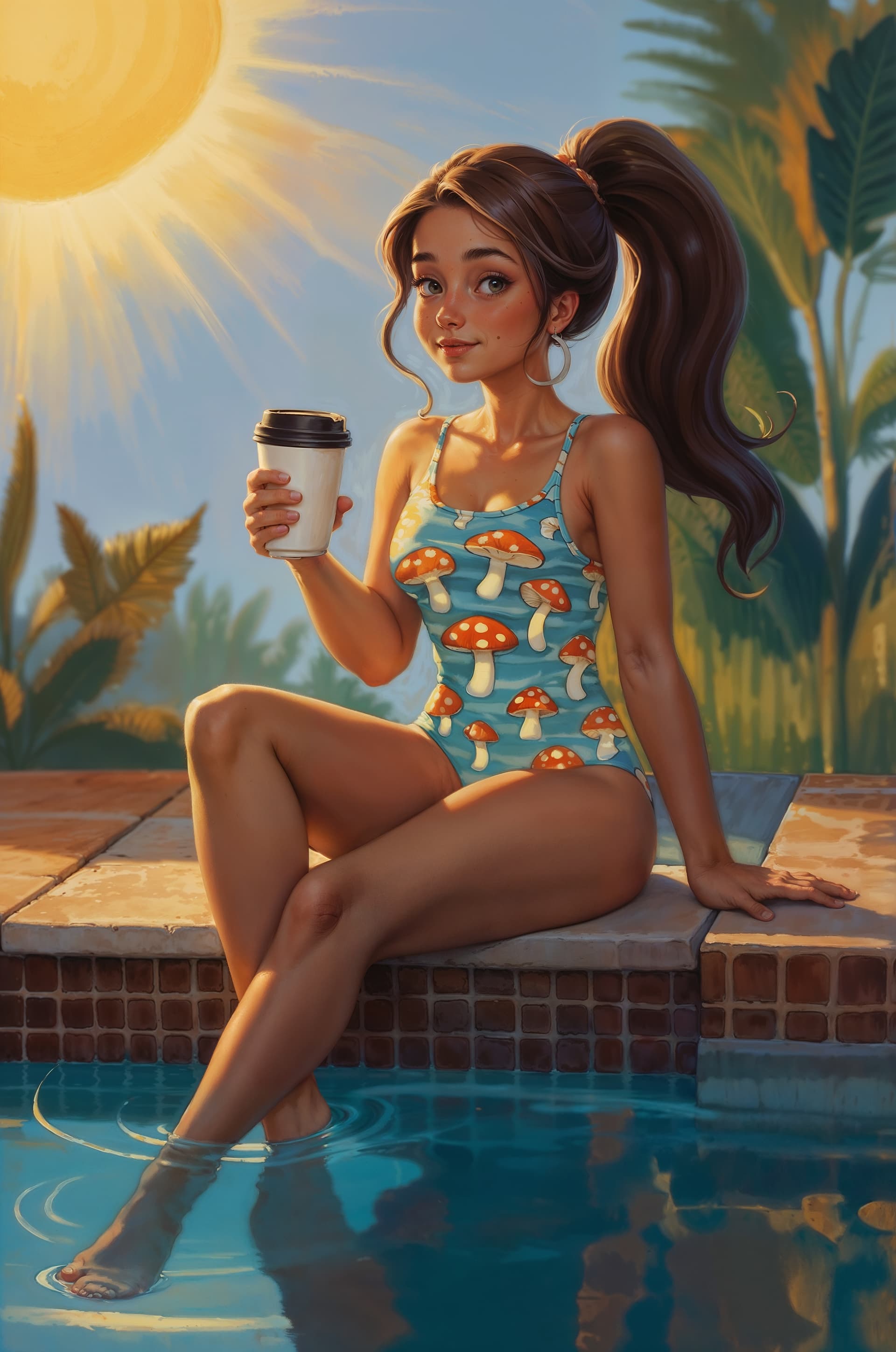 AI generated: Cute painting of a woman sitting by the pool and dipping her feet in the water. She wears a cute mus...