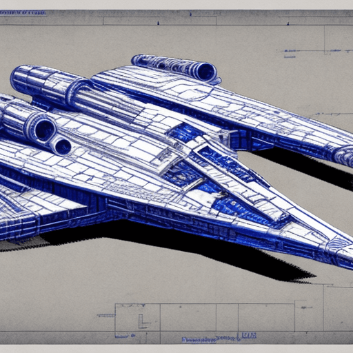 AI generated: Space-based, x-wing fighter, realistic, engineering blueprint, line drawing, top view, profile view,...