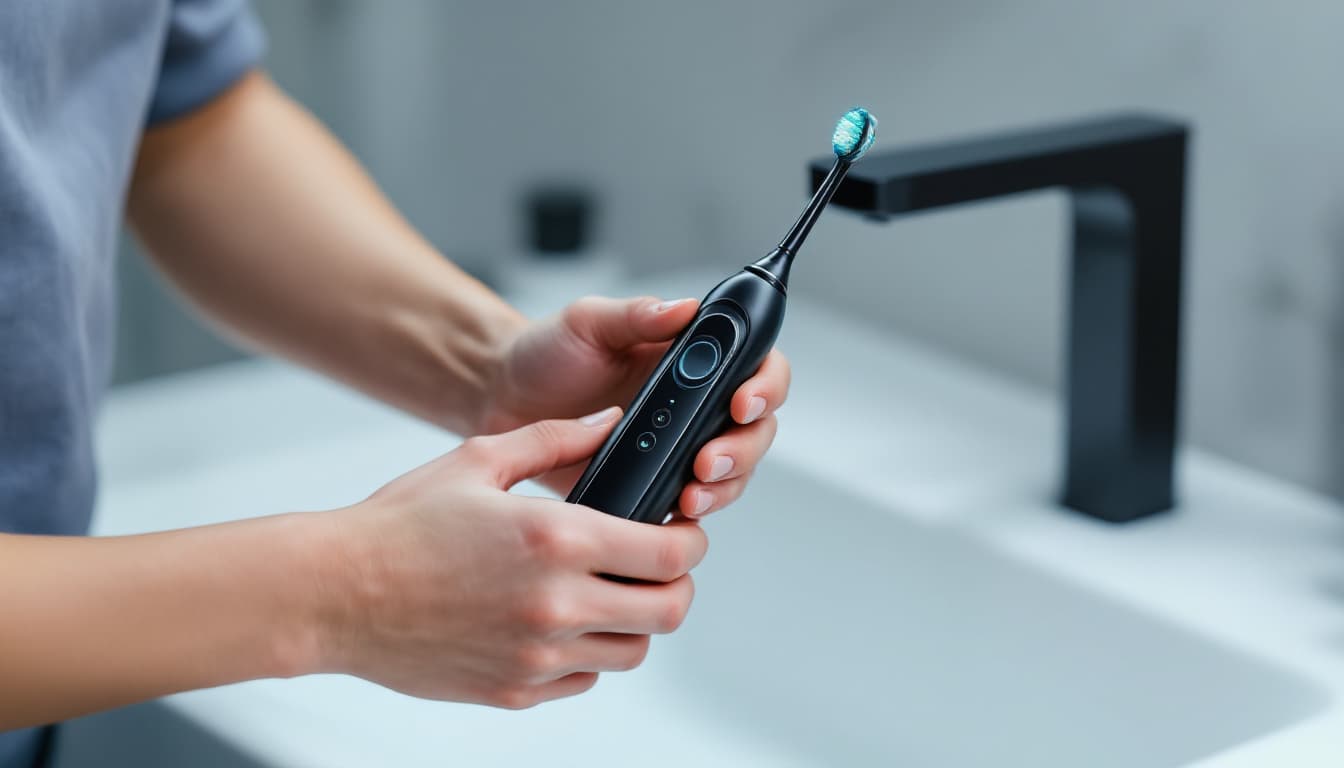 AI generated: Electric toothbrush, hands holding, bathroom sink, dental hygiene, modern technology, close-up, slee...