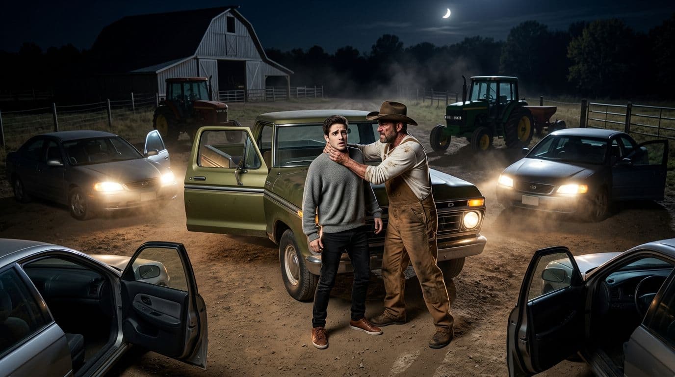 AI generated: In an Autumn night at a ranch. The vintage olive green Ford pick up truck is parked between nine car...