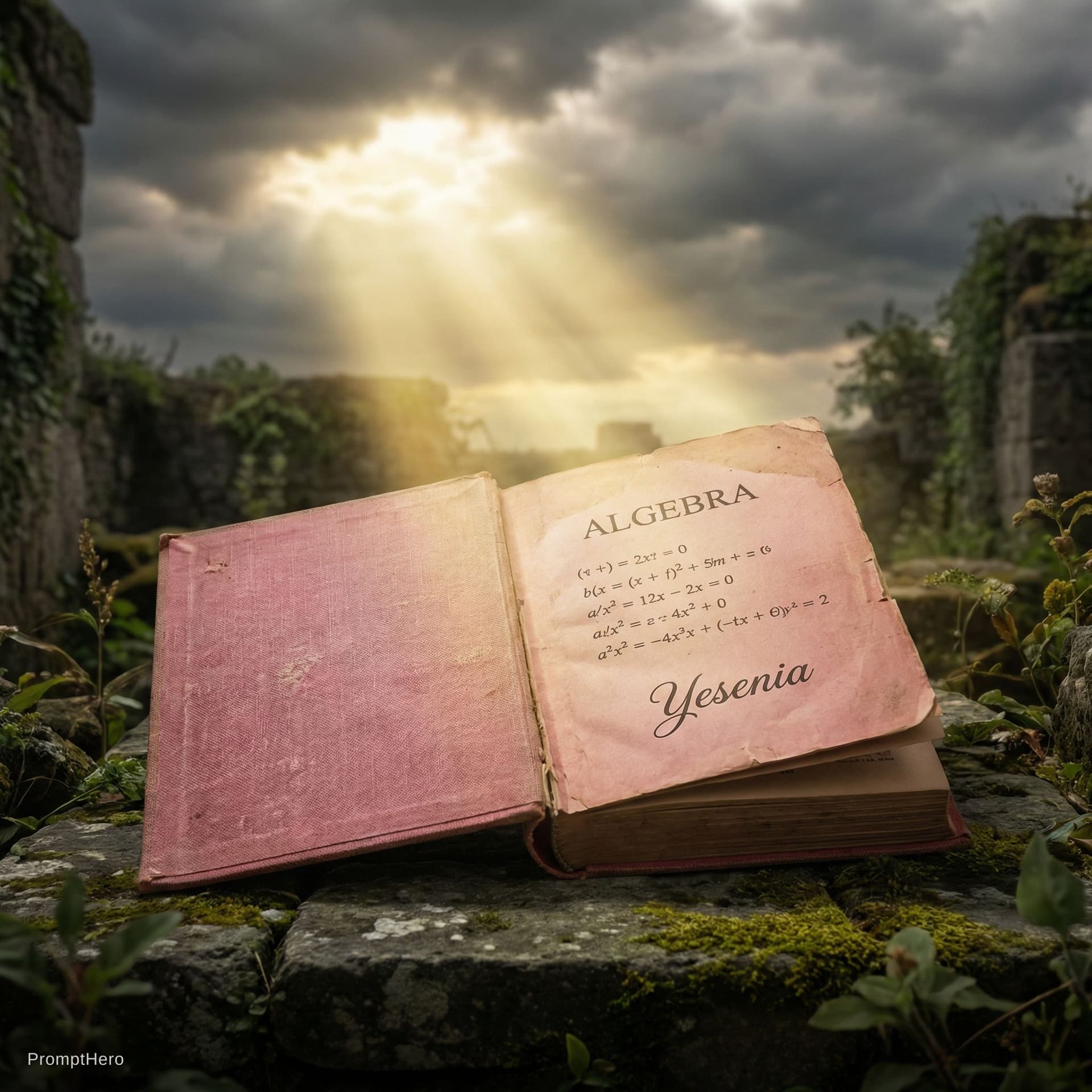 AI generated: draw There's only one book open, and it's an algebraic book. Light shines in from the sky, and the n...