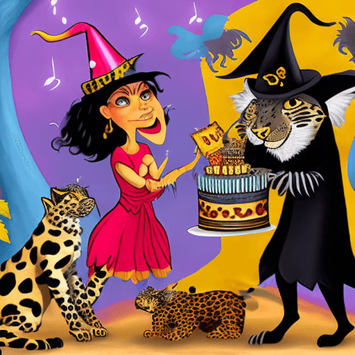 AI generated: 
A witch, a leopard and music, all combined in an atmosphere of a birthday celebration, the witch an...