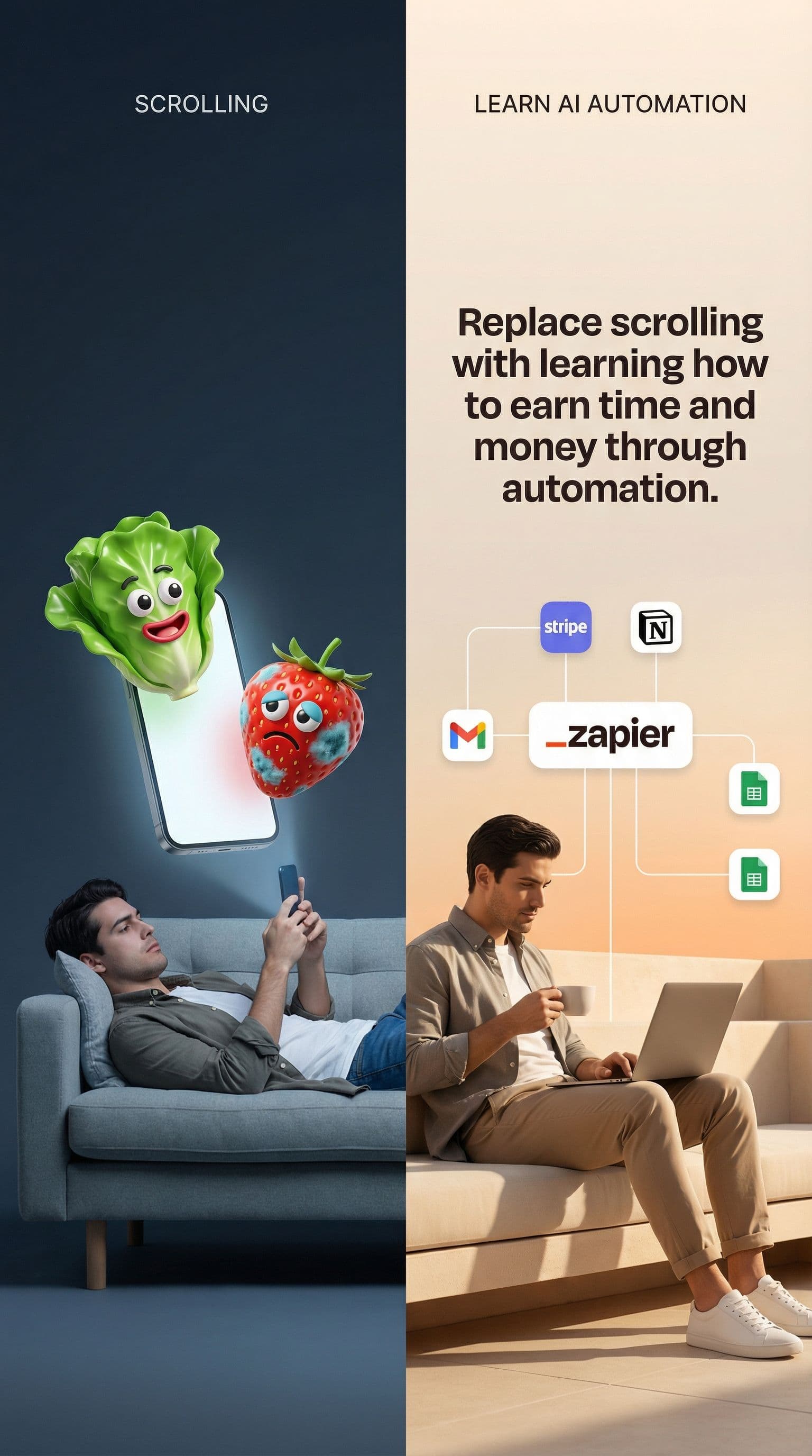 AI generated: Minimal split-screen advertising image with a clean, modern lifestyle aesthetic.
The image is vertic...