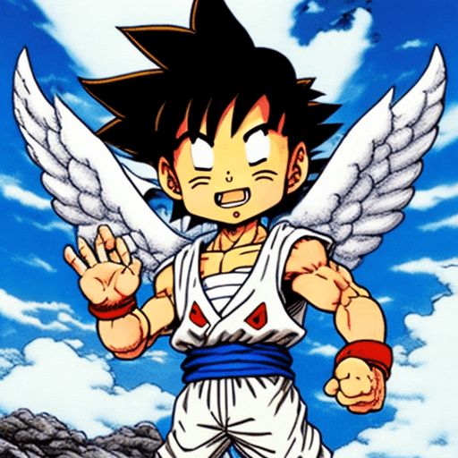 AI generated: Toriyama Akira's comic IP Goku, with white angel wings behind him and an angel ring on his head, wav...