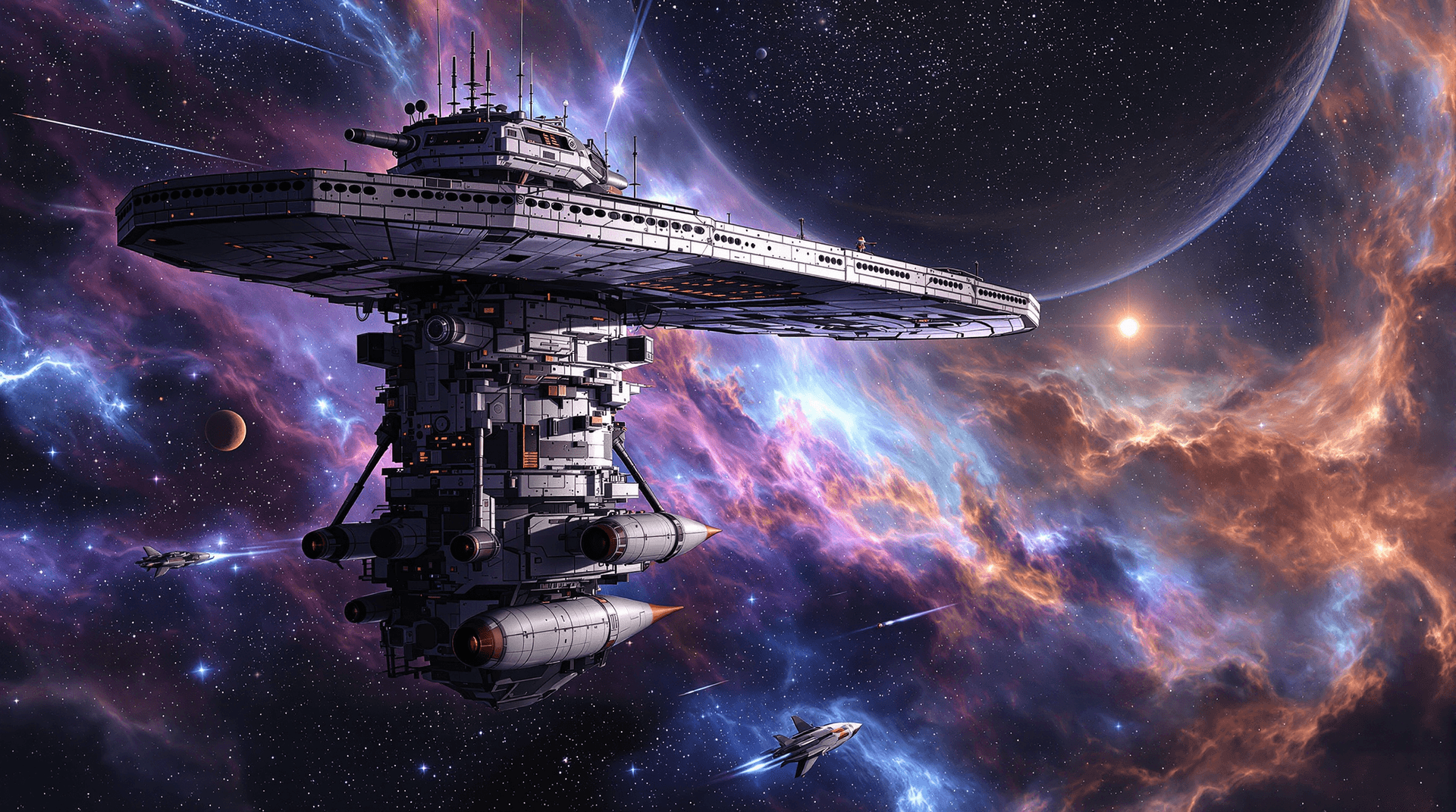 AI generated: A highly detailed concept art of a futuristic spaceship, designed in a vertical configuration with a...