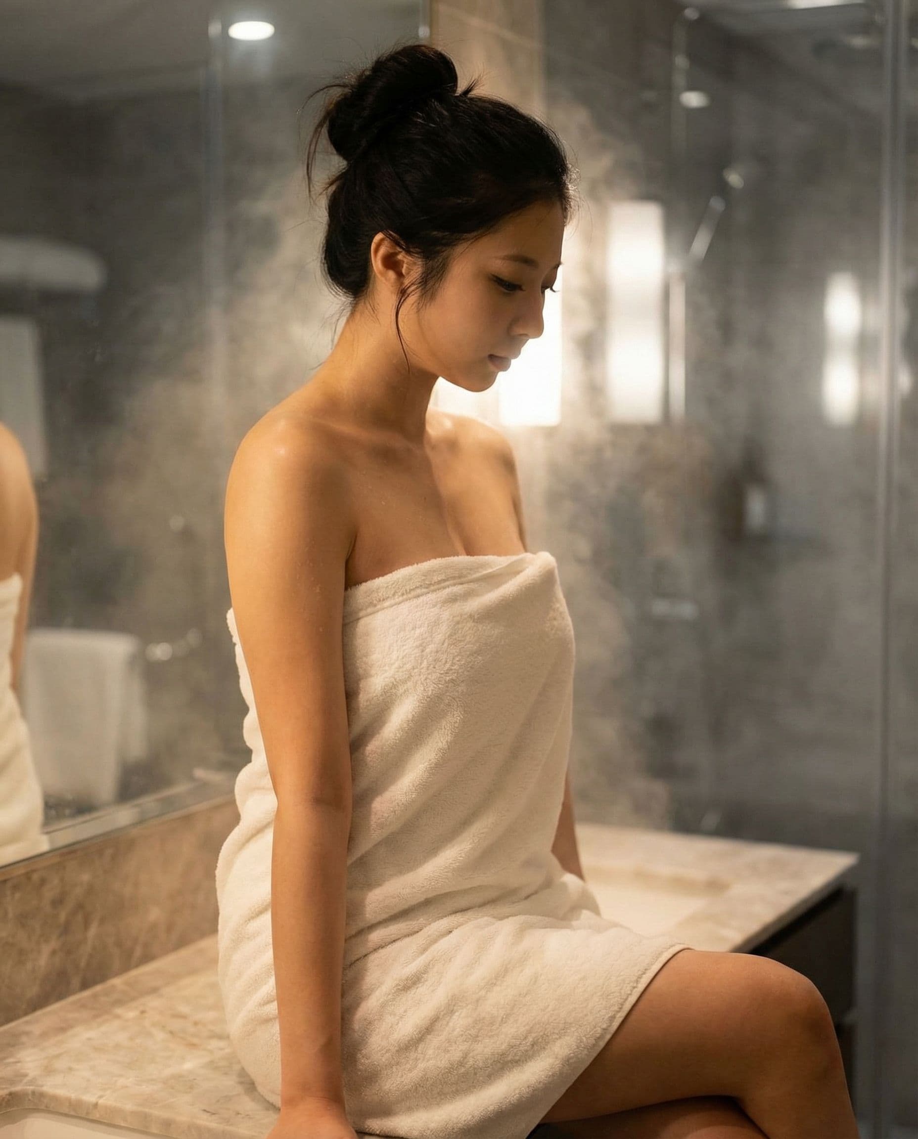 AI generated: In this captivating scene, the uploaded woman is depicted in a bathroom, exuding an aura of both vul...