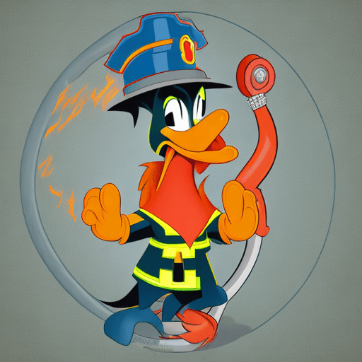 AI generated: Fire dept logo, Daffy duck fighting a fire, holding a hose, determined, station 9
