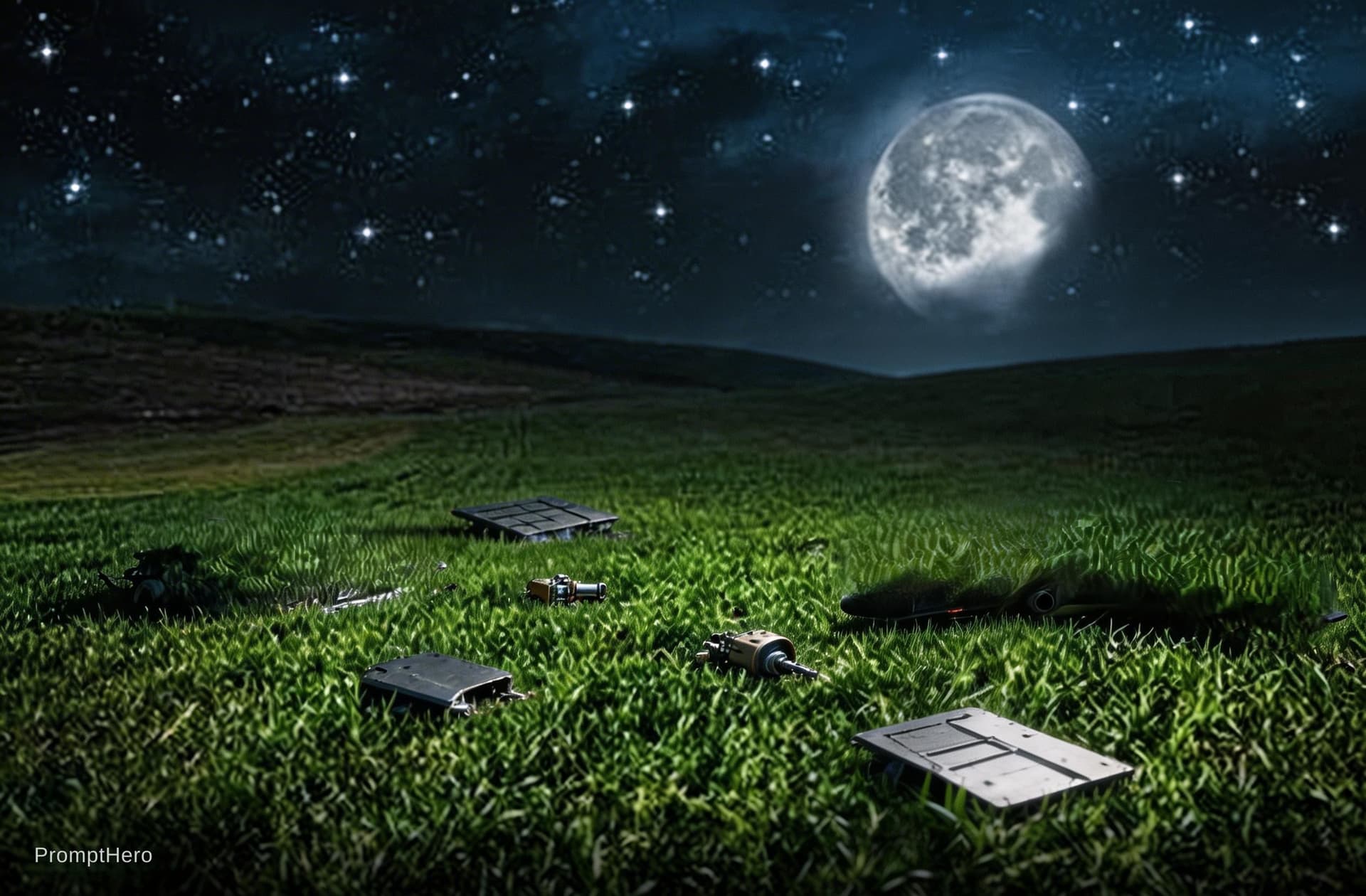 AI generated: Sci-Fi scene. Recreating ROSWELL. Subside the orange glow over the hill. Unreal Engine 5 Ultra-reali...