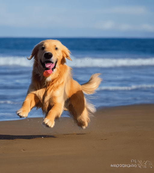 AI generated: A playful golden retriever| in full sprint across a (sunny beach:1. 2)| its coat shimmering in the s...