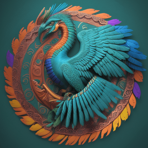 AI generated: photo of quetzalcoatl with turquoise blue, iridescent green, violet, red, orange and yellow feathers...