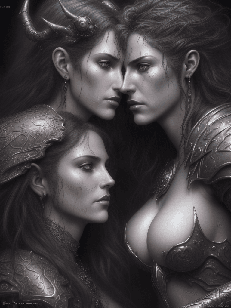 AI generated: A stunningly intricate close up portrait of a romantic passionate couple, (((luis royo and julie bel...