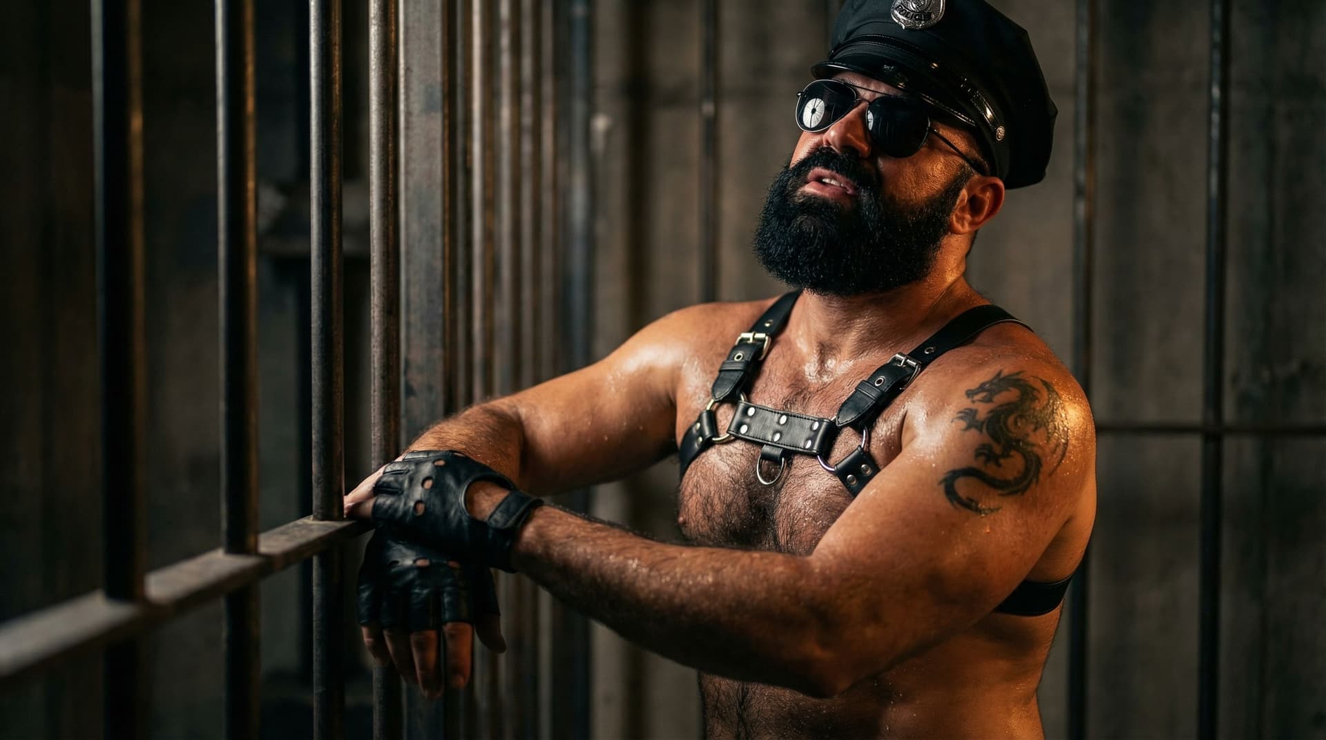 AI generated: hyperrealistic fetish prison cage dark moody, homme musclé massif viril torse nu penché contre barre...