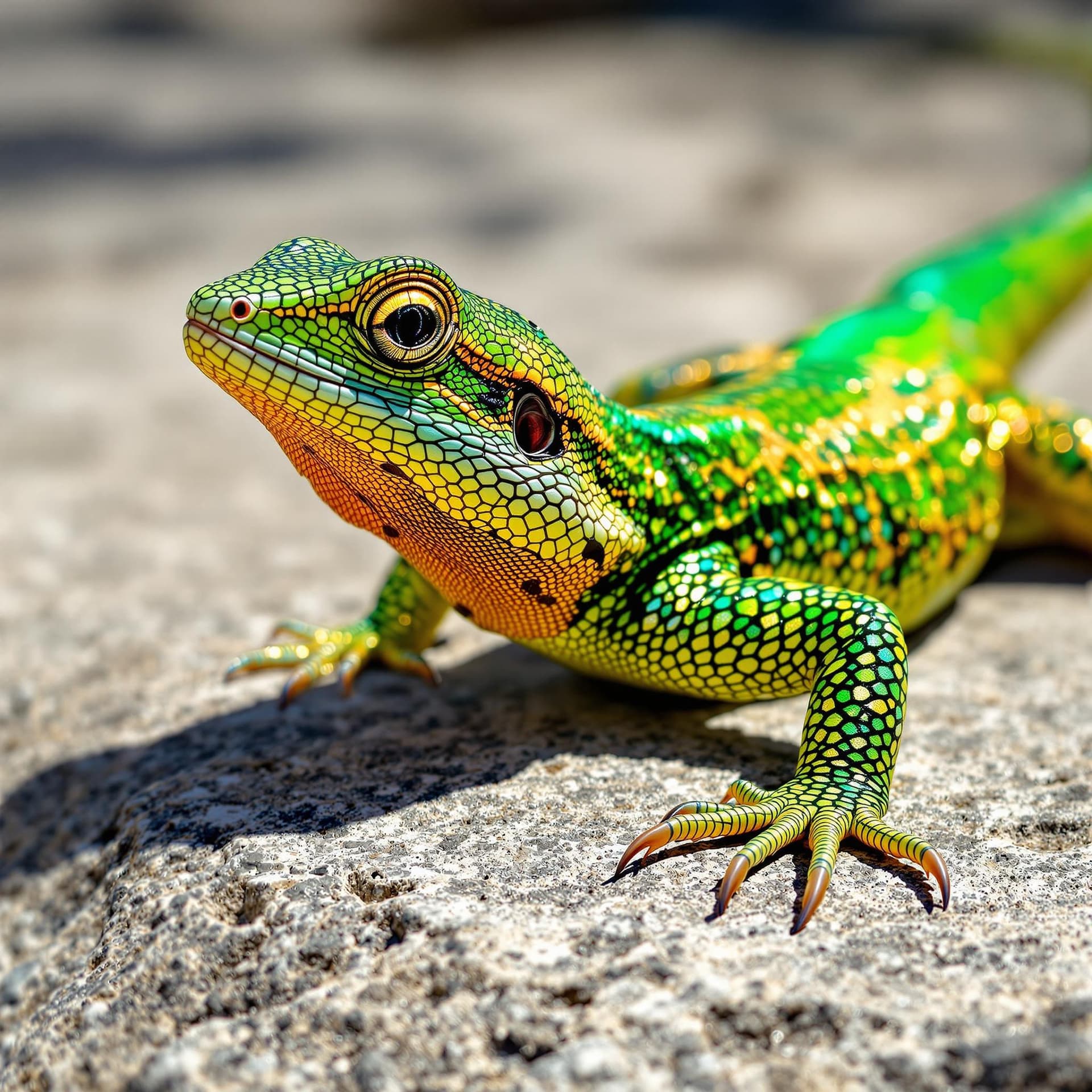 AI generated: A sun-soaked lizard basks on a warm stone, its shimmering scales catching the light. The vibrant hue...