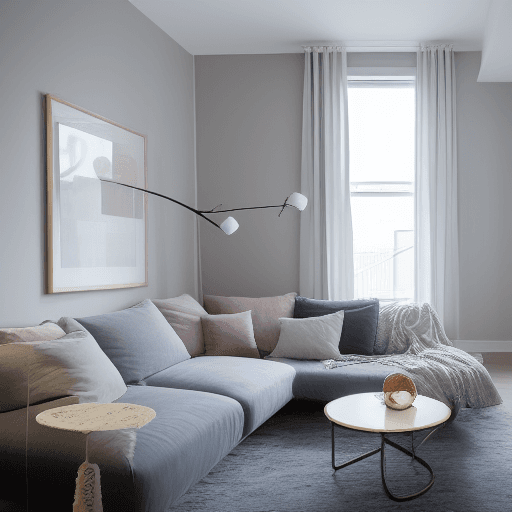 AI generated: Photograph apartment living room, soft light of dusk, all complemented by a unified color scheme of ...