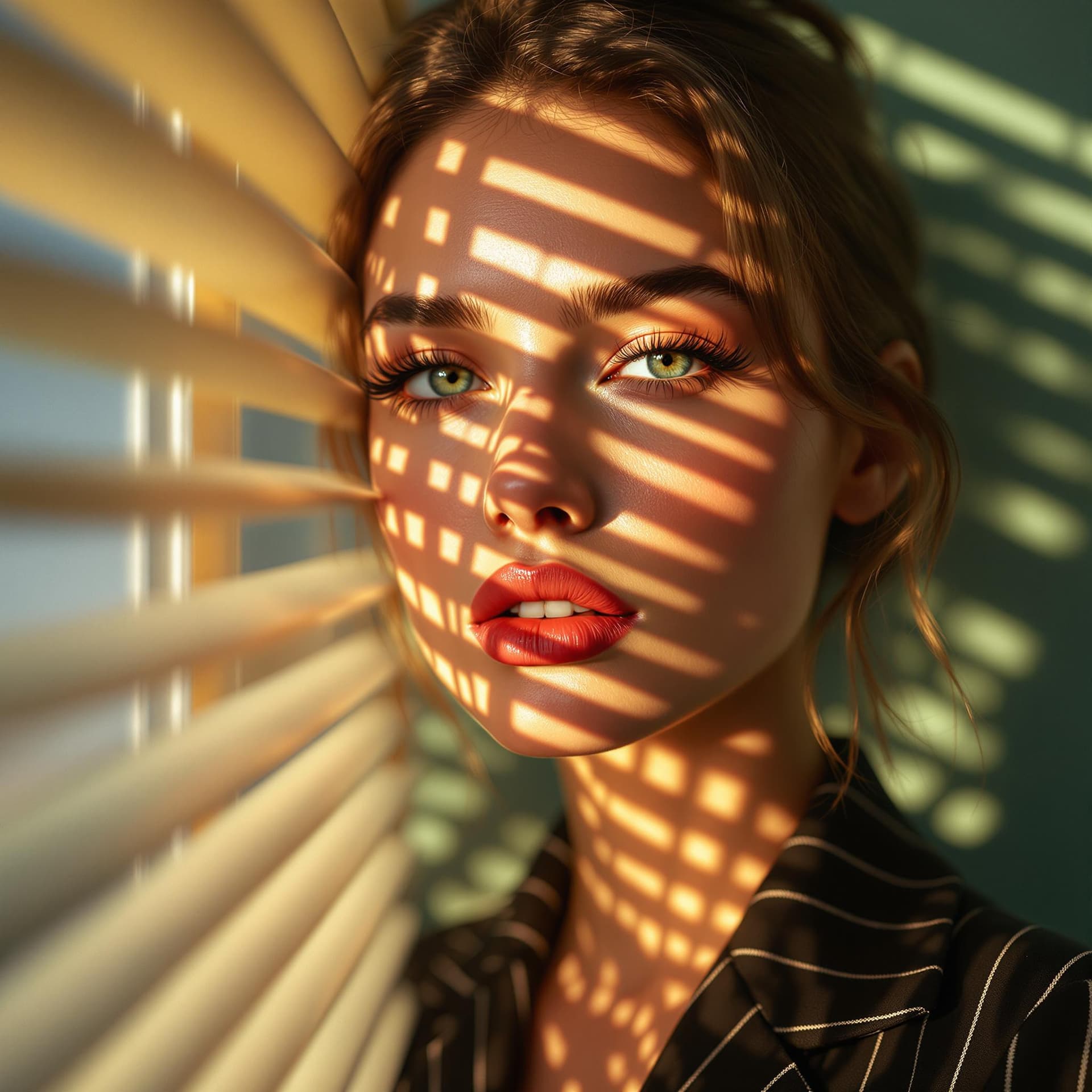 AI generated: A hyperrealistic close-up portrait of a woman bathed in warm, soft afternoon light streaming through...