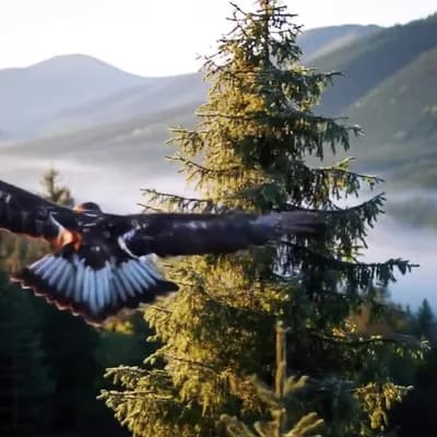AI generated video: Fade in from black to a sweeping aerial shot of a mist-covered mountain valley at dawn. Slow 10-seco...