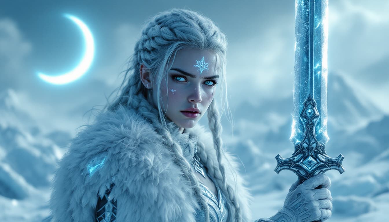 AI generated: A cinematic, ultra-realistic digital artwork featuring a young, beautiful, resilient female frost wa...