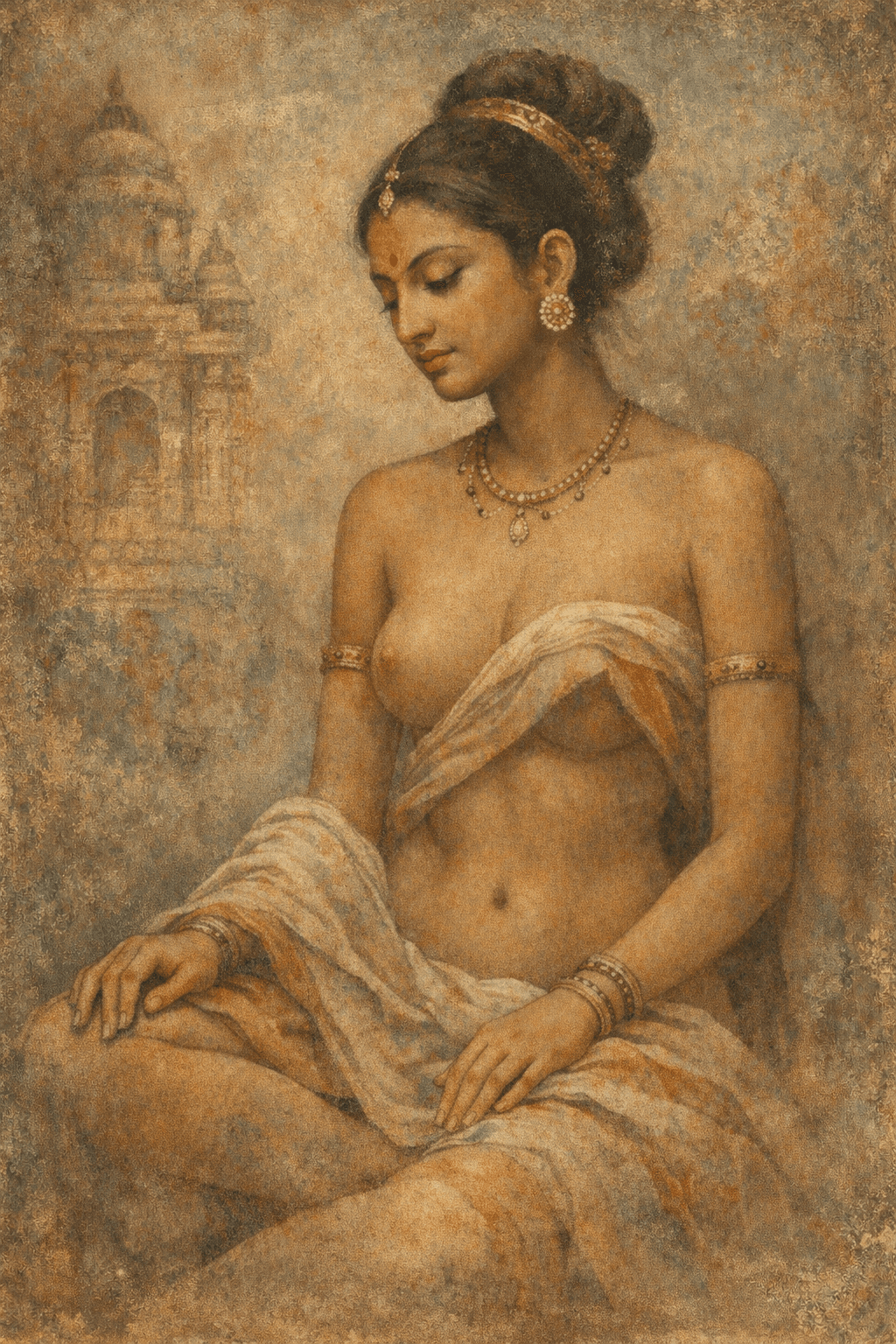 AI generated: A classical Indian fine-art depiction of an Indian woman inspired by ancient temple sculptures and A...