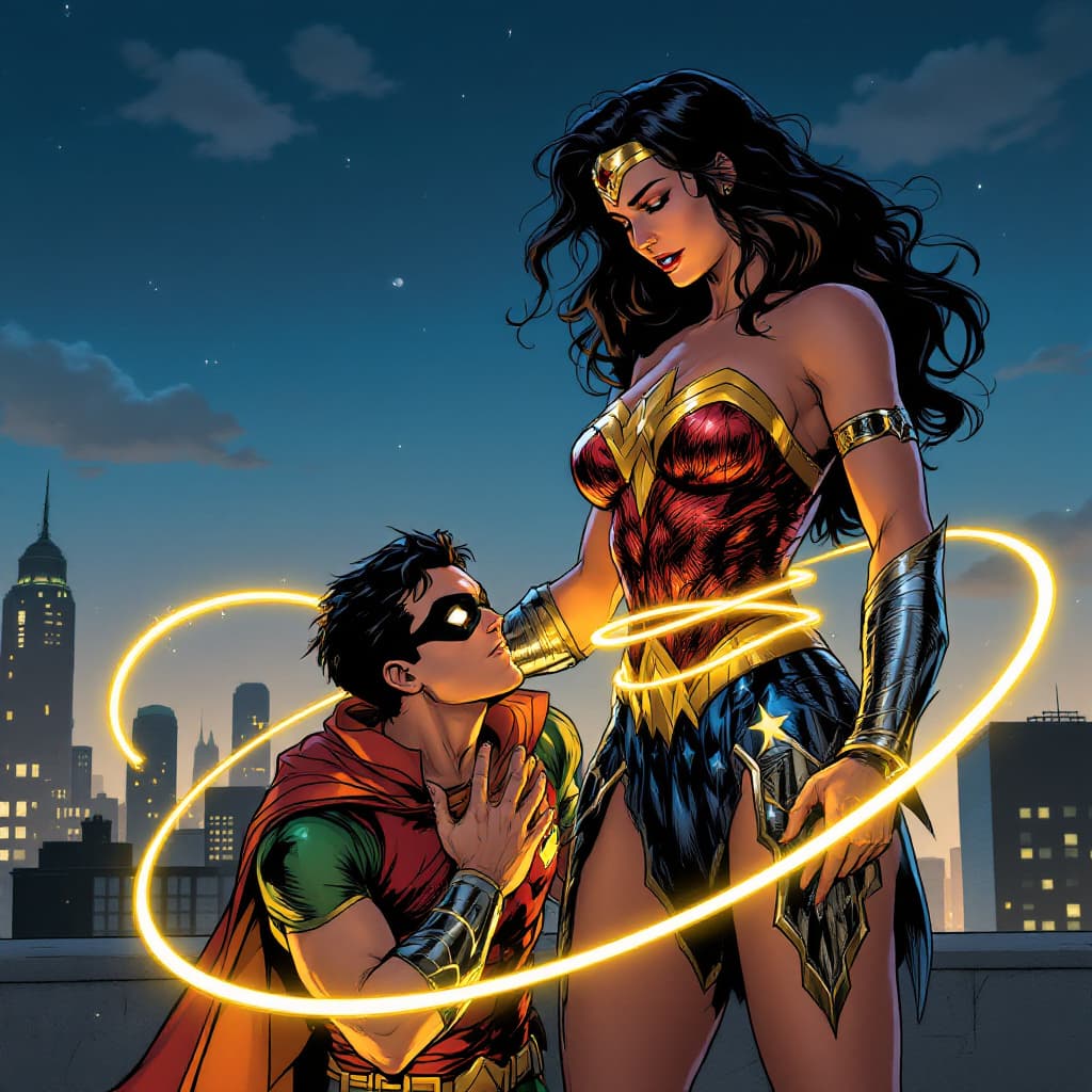 AI generated: Wonder Woman stands tall, her golden lasso glowing brightly as it coils tightly around Robin. The la...