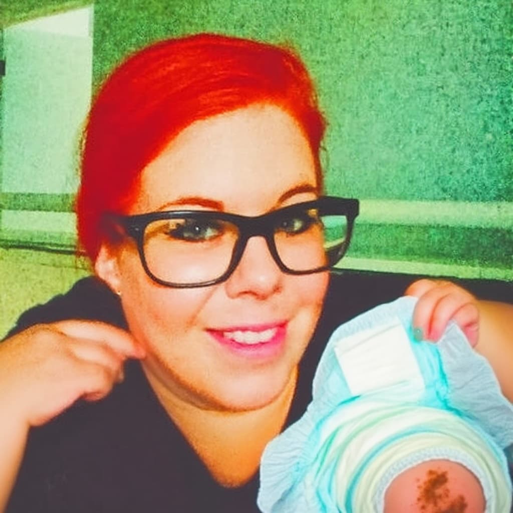 AI generated: Chubby redhead pulling disposable diaper with showing her dirty pussy