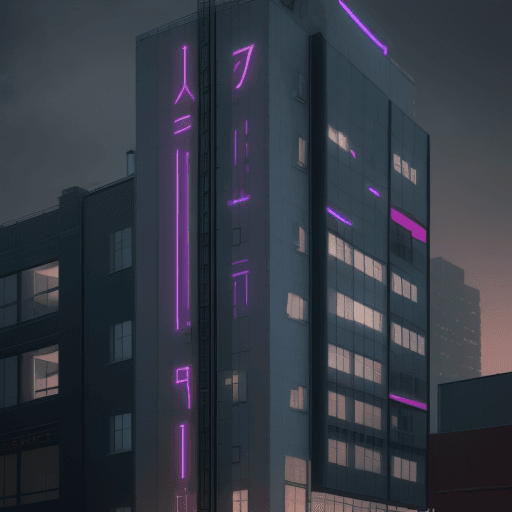 AI generated: photorealistic, building, front view, modern urban night, “GHOSTT" text bracket signage, in neon lig...