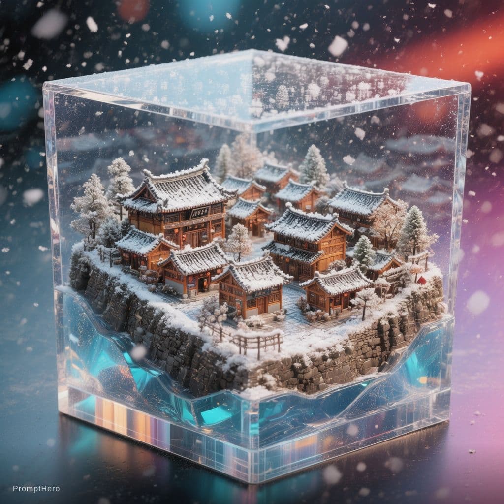AI generated: Hyper-realistic isometric view of a scale model of a traditional Chinese village during winter with ...