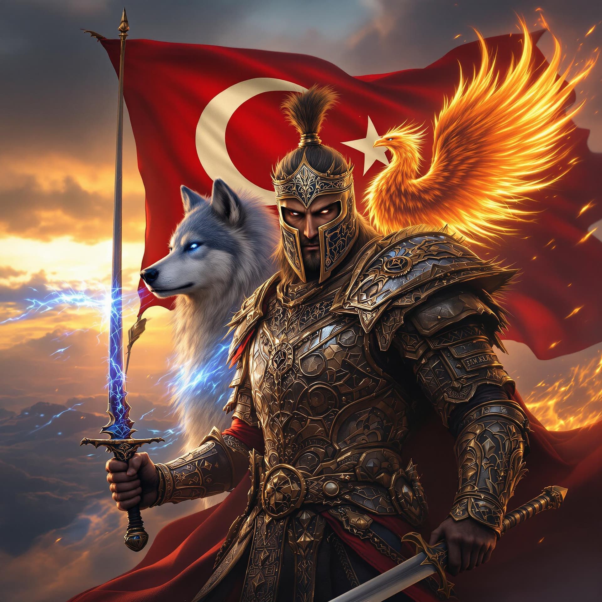 AI generated: A fierce Turkish warrior clad in traditional armor inspired by ancient Turkish mythology, holding a ...