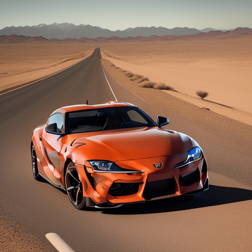 AI generated: Generate a stable diffusion image featuring a Toyota Supra parked on a desert road, with a long stre...