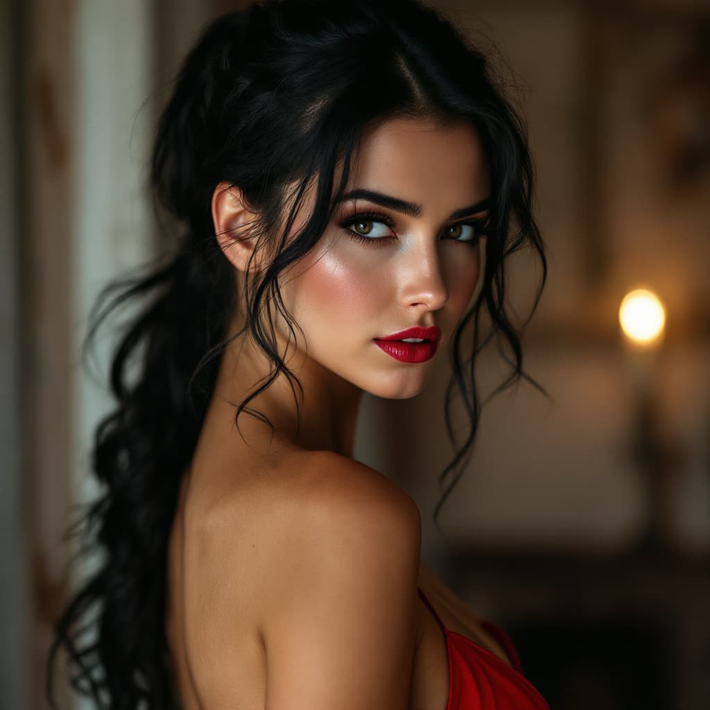 AI generated: High resolution picture of a 35 year old serbian woman dark hair dark eyes pale skin medium pink lip...