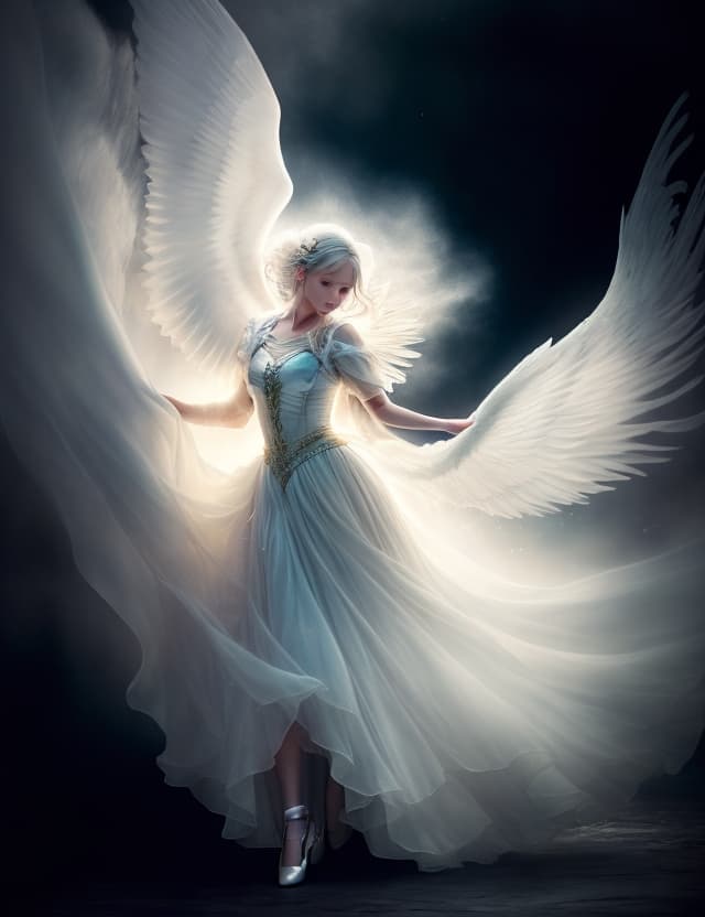 AI generated: Angel Girl, Big White Wings, Ethereal Beauty, Soft Pastel Colors, Backlit, Long Exposure, Flowing Fa...