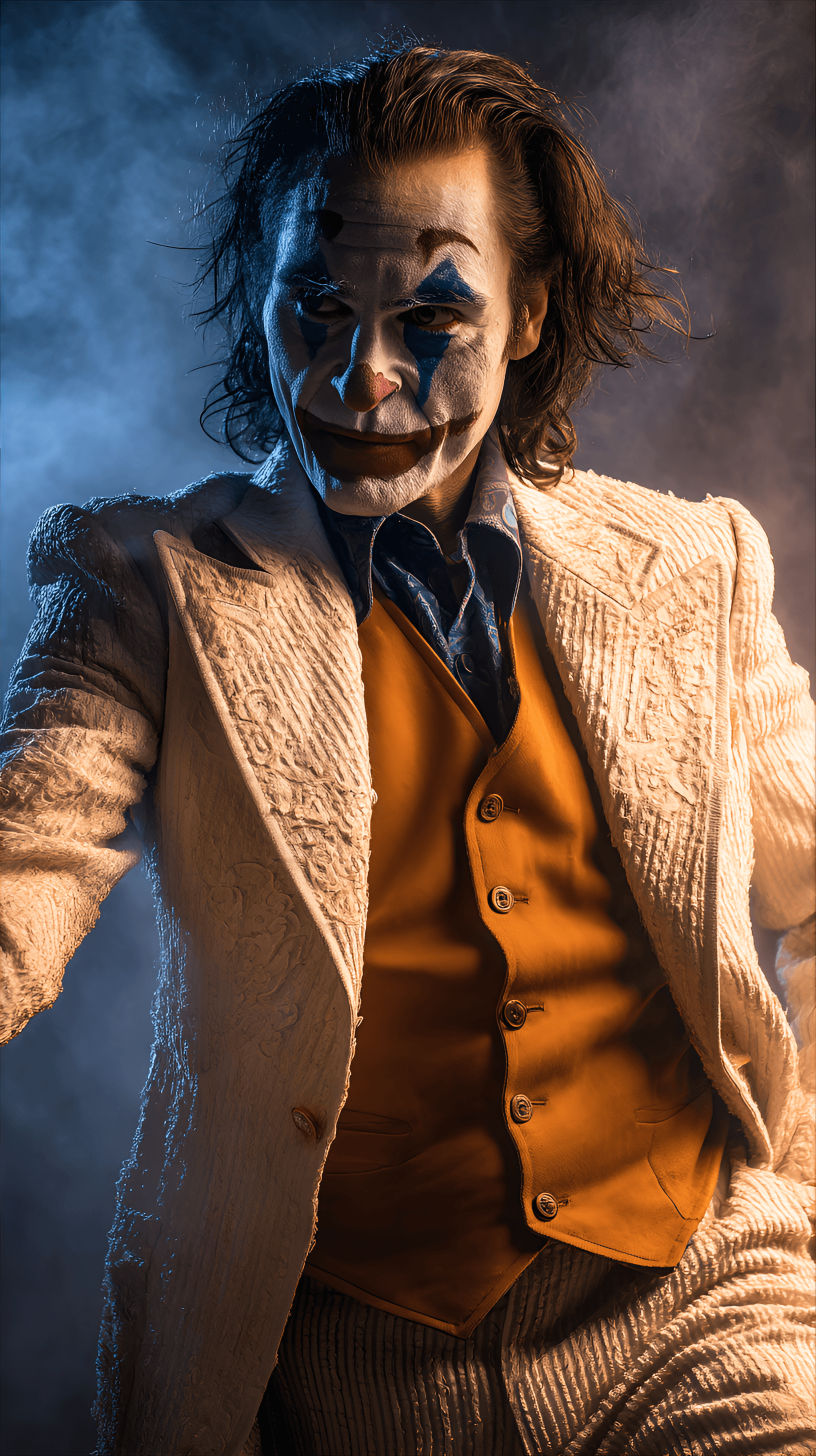 AI generated: man, likely in his 30s, portraying the Joker character.  He has dark brown hair styled in a messy fa...