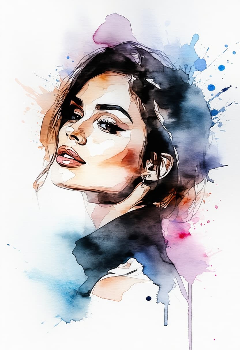 AI generated: Watercolor portrait of a woman, free brushwork --chaos 75 --ar 1:2 --style raw --profile rsy6uq9 --s...