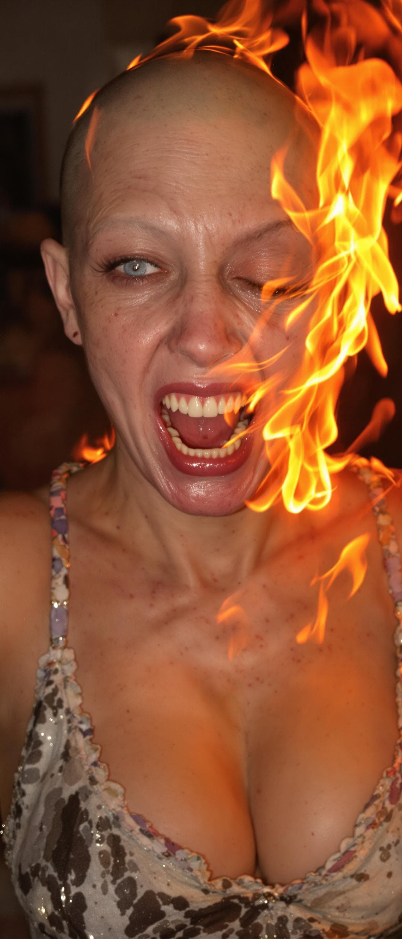 AI generated: An ugly face woman with ugly body  dancing in a party . She is burning in fire . She is bald . She h...