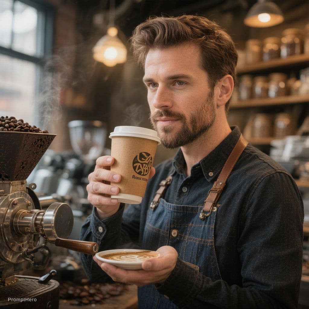 AI generated: handsome man  drinking coffee, take away, take away coffee, handsome man in-house coffee roasting, h...