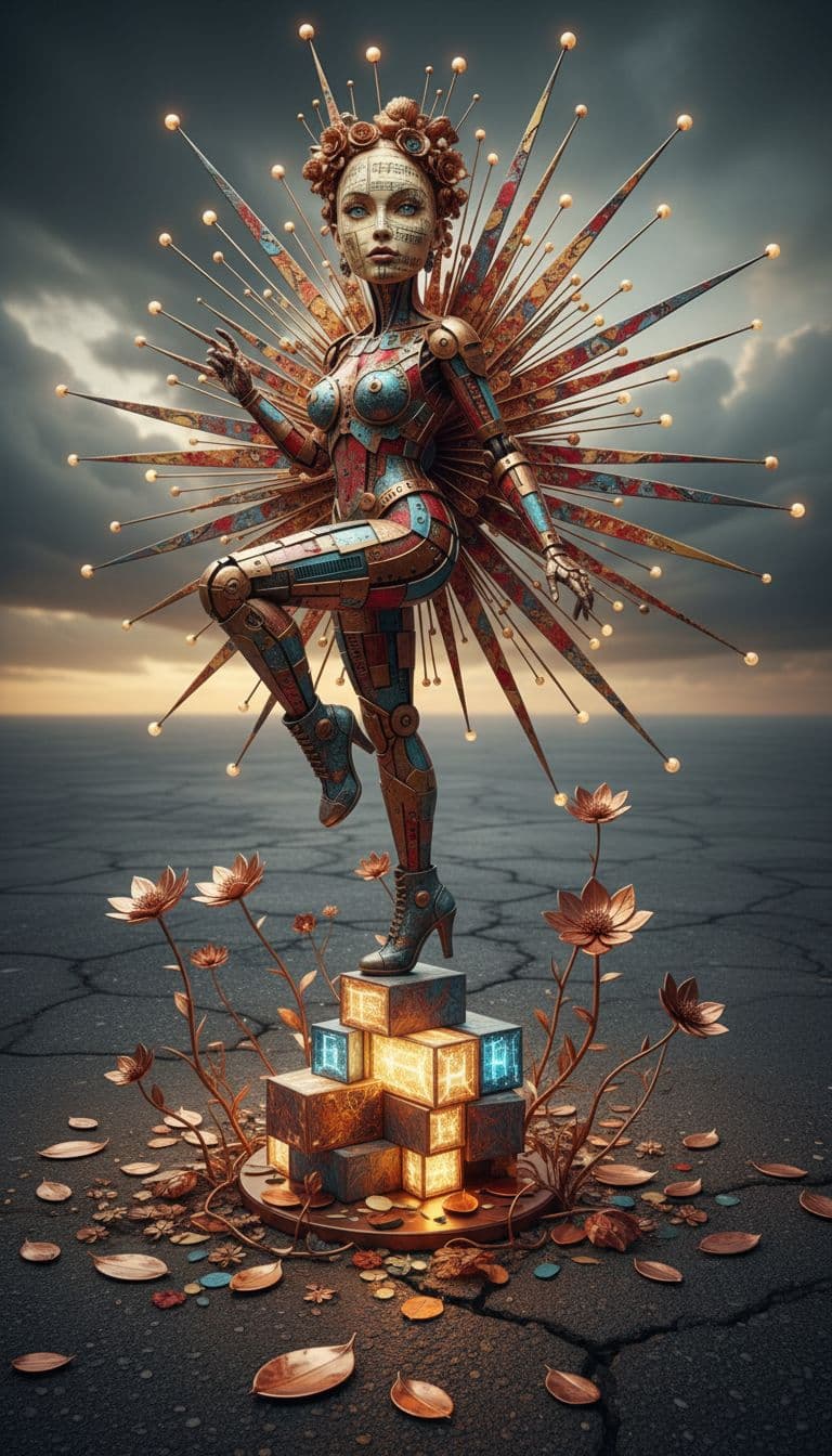 AI generated: "Where the Blossom Meets the Asphalt" An exquisitely crafted abstract sculpture gleams with vibrant ...