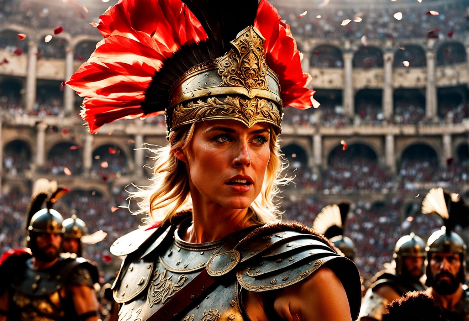 AI generated: Cinematic film still of Radha Mitchell as Gladiator in Rome Coliseum, close-up, victory vibes, rose ...