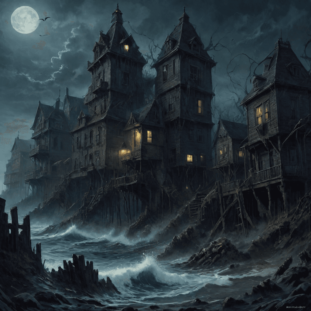 AI generated: Innsmouth, Coastal Town, Decaying Architecture, Eldritch Horror, Fish-like Inhabitants, Cosmic Terro...