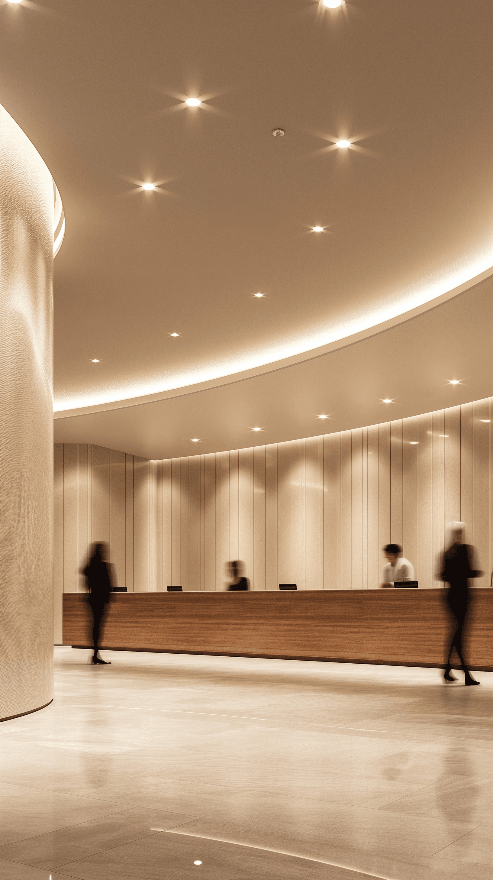 AI generated: depict a spacious, circular reception area with a sweeping curved white ceiling lined with recessed ...