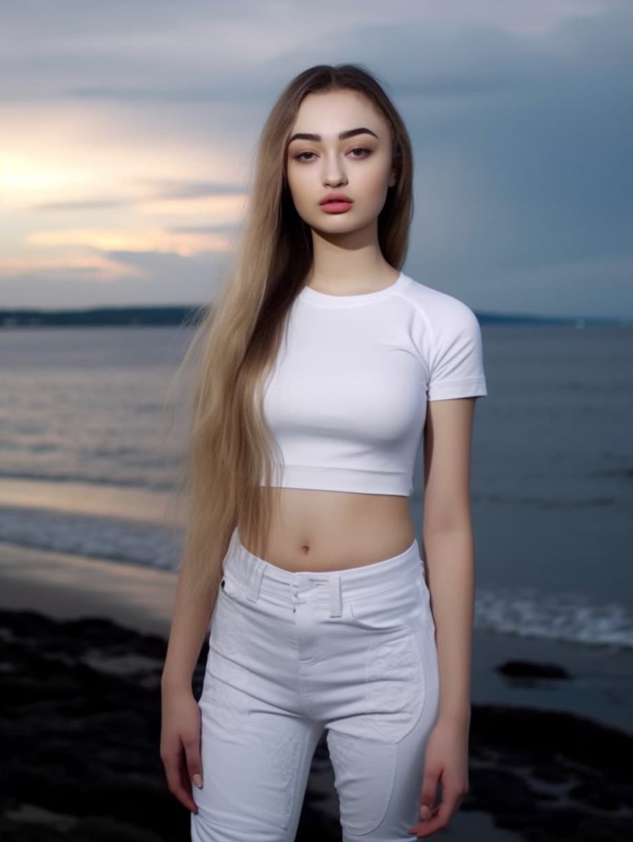 AI generated: a woman standing on top of a beach next to the ocean, a picture, tumblr, portrait sophie mudd, portr...