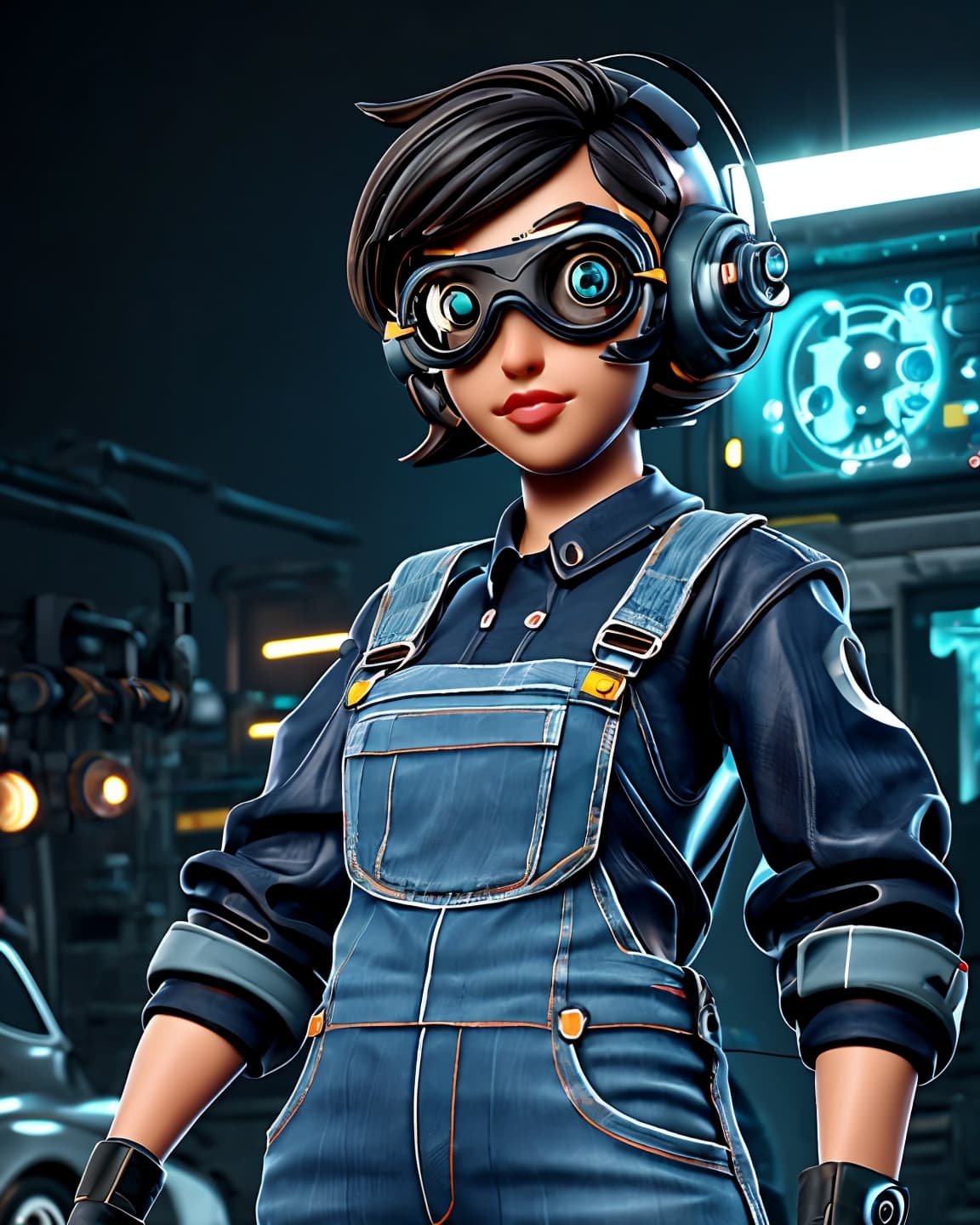 AI generated: CYBORG engineer, workshop, engineer, mechanic, inventor, denim overall, cute, chibi, mechanic goggle...