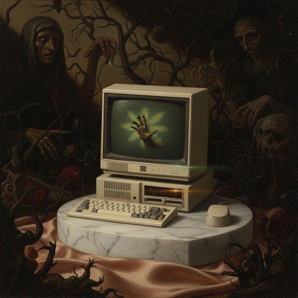 AI generated: make the setting of the computer resemble a dark Goya painting