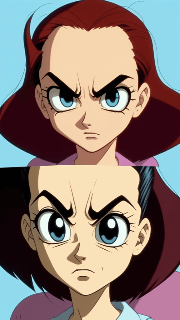 AI generated: eyes and big forehead, mutant, close up, in cartoon style, from the 90s animation, very bad quality,...