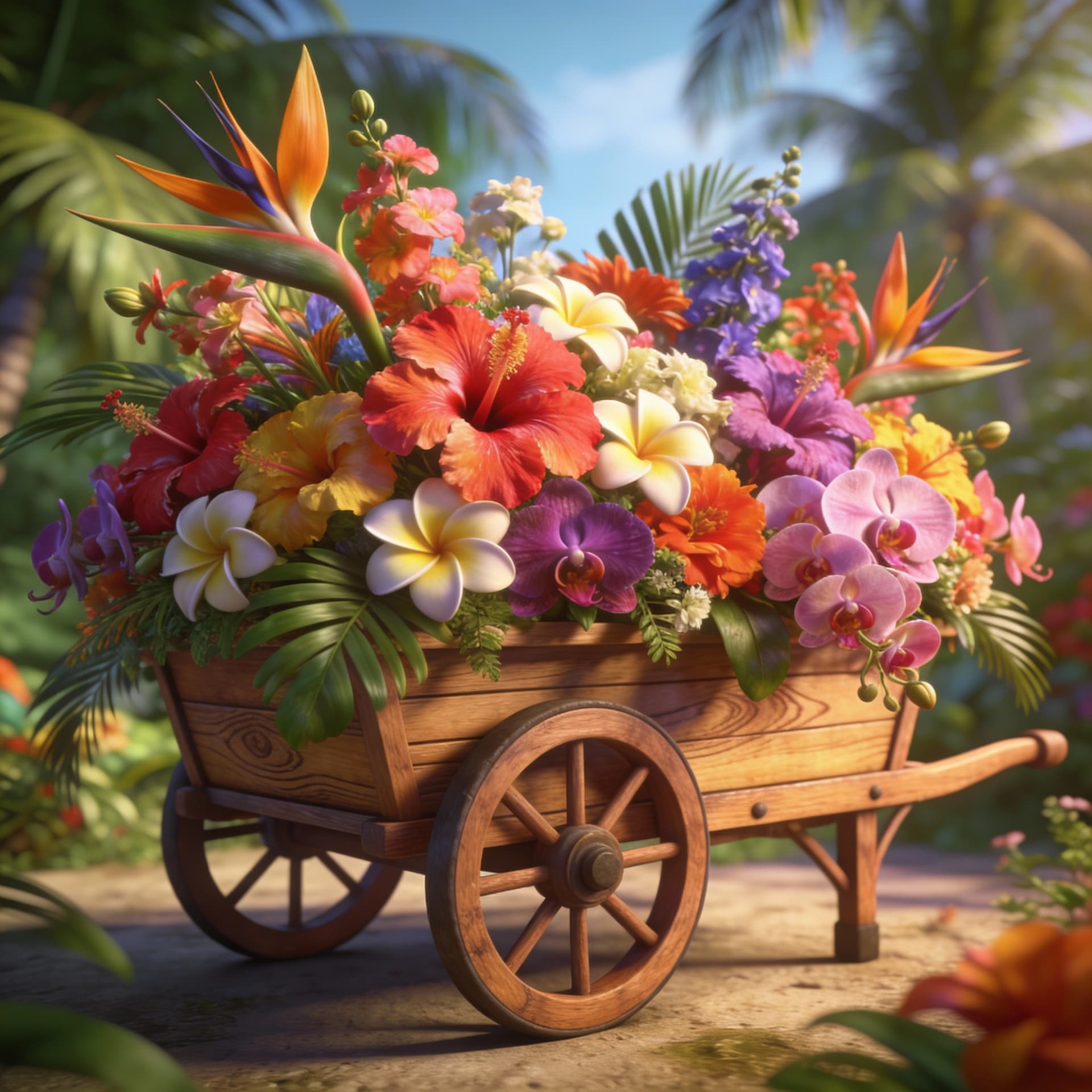 AI generated: 3d，tropical flower cart, adorned in flowers